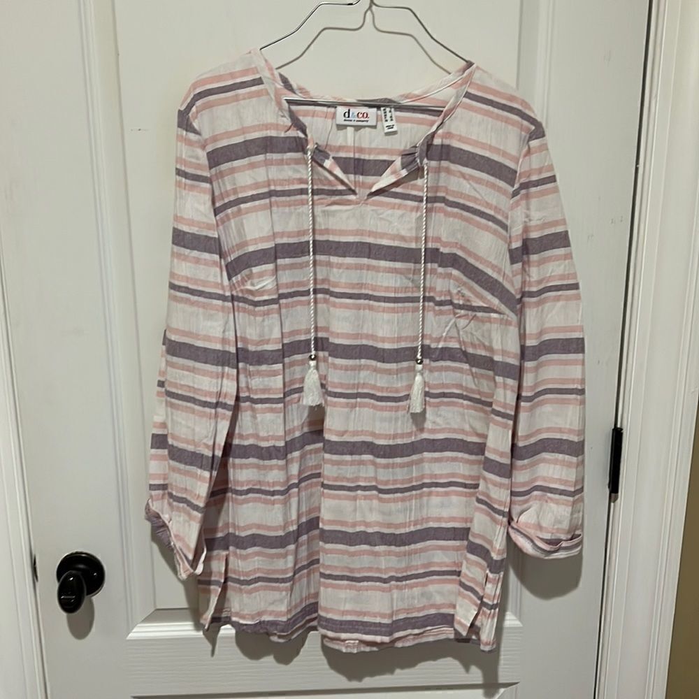 Denim&Co Denim + Company pink purple white Striped Tunic Top with tie neckline